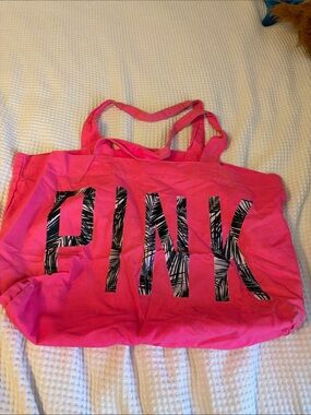 PINK Victoria's Secret Hot Pink Canvas Tote with Black Palm-Print Logo